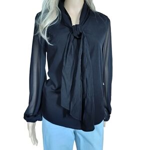Bar III Tie-Neck Black Sheer Sleeve Blouse Size M NWT